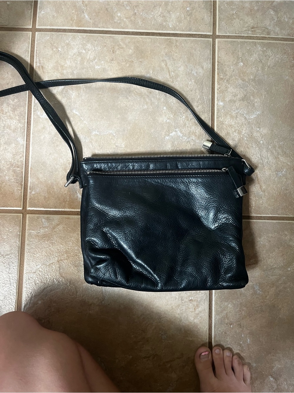 margot Black Leather Zip Crossbody Bag